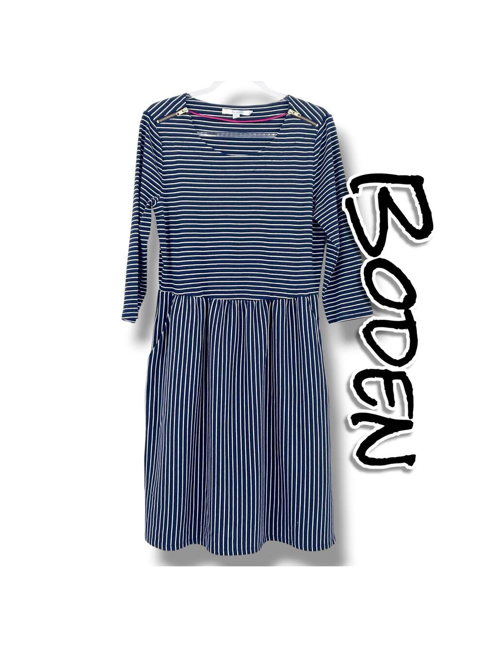 Boden Janie Knit Dress 12L Long Navy White Breton Stripe Pocket Casual Nautical